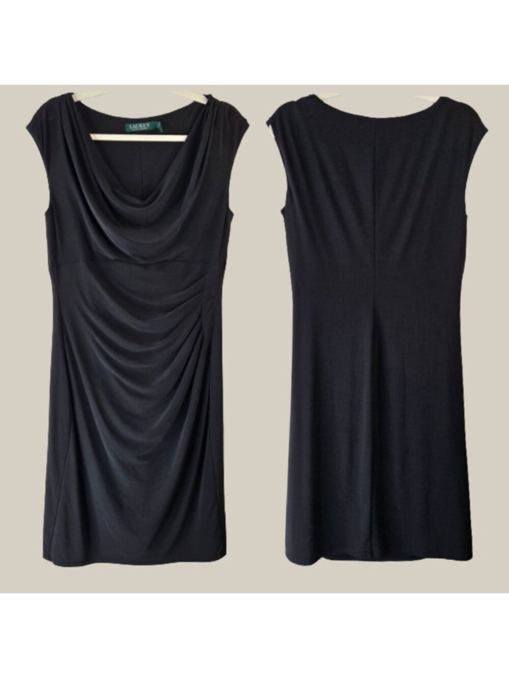 Ralph Lauren Cowl Neck Dress Sz 12 Black Ruched Minimalist Formal Knee Length